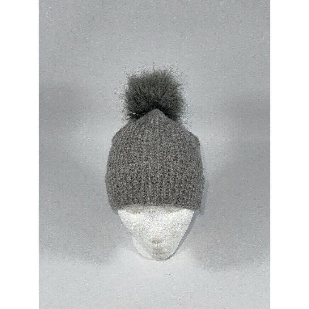 Portolano Women’s 100% Cashmere Faux Fur Pompom Beanie Gray , One Size